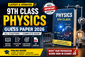 9th Class Physics Guess Paper 2026 Punjab Board banner with book, formulas, and exam preparation design