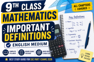 9th class math notes English medium with important definitions, formulas, and SSC part 1 exam preparation guide