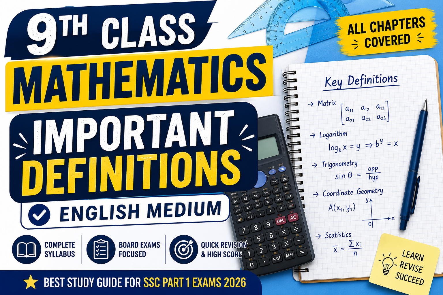 9th class math notes English medium with important definitions, formulas, and SSC part 1 exam preparation guide